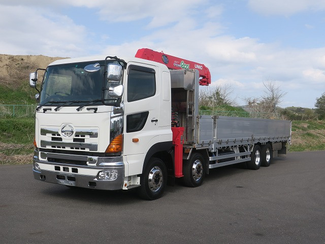 2012 Hino Profia with large crane, aluminum block, 5-way opening, 4-axle low bed, Unic 4-stage boom, all-wheel air suspension, hook-in, radio-controlled aluminum wheels