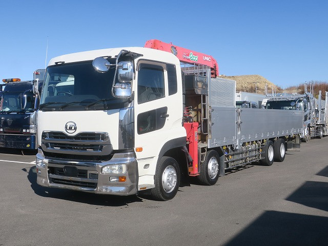 2012 UD Trucks Quon Flatbed with large crane Aluminum block 5-way opening 4-axle low-floor Unic 4-step Radio-controlled Hook-in Rear air suspension 