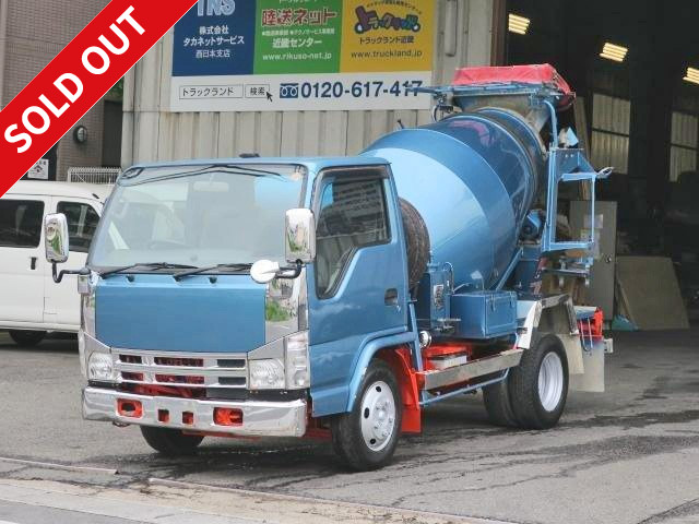 We are currently accepting rentals of the 2007 Isuzu Elf compact concrete mixer truck with high platform, manufactured by Kayaba Industries, with a drum capacity of 2.5m3 and ETC included!