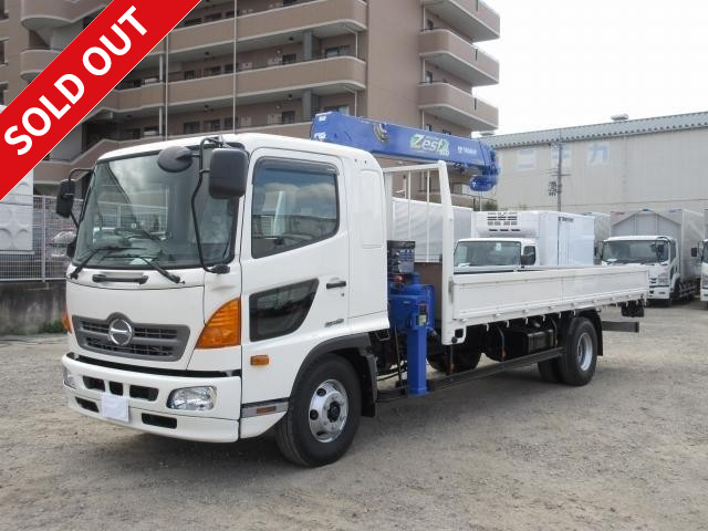 2015 model! Hino Ranger crane with 4-stage hook-in radio control ★ Standard ★ Wooden flat body ★ Short-term lease available ★ Boom storage alarm included!