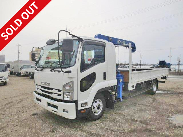 2015 Isuzu Forward flatbed with crane, wide width, Tadano 4-stage crane, hook-in radio control (wooden flatbed)