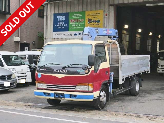 2001 Isuzu Elf, aluminum block flat body with small crane, high floor, wide and long, Tadano 3-stage boom, 2.63t lifting capacity 