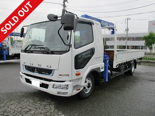 <New model> 2018 Mitsubishi Fuso Fighter, wide flatbed with medium-sized crane, Tadano 4-stage boom, 240 horsepower, hook-in, radio control, heated mirror