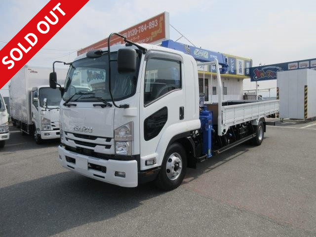 <New model> 2018 Isuzu Forward, medium-sized crane with flatbed body, standard body, Tadano 4-speed, hook-in, radio control, PCS device included. Available for rental.