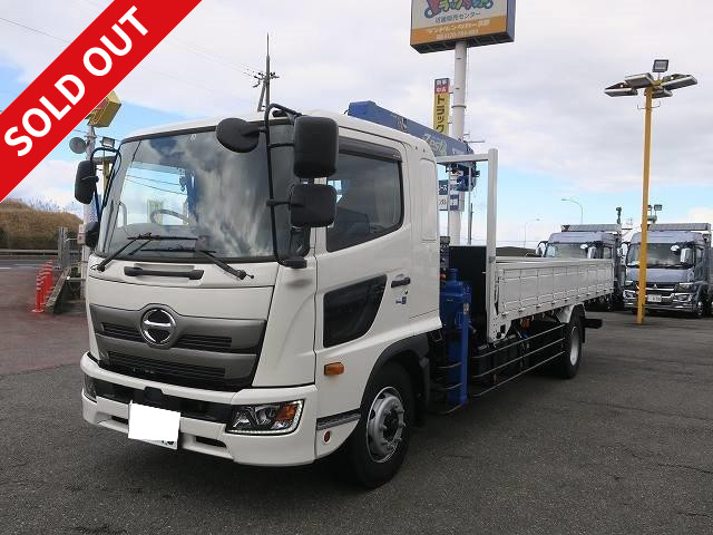 Now available for rental! 2019 model Hino Ranger, extra-large capacity, flatbed with crane, Tadano 4-stage boom, inner dimensions 5500mm, 240 horsepower, 2.93t lifting capacity, hook-in, radio control, dealer inspection record book included