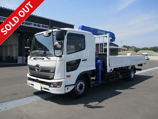 Reiwa 1 model Hino Ranger, increased tonnage, flatbed with crane, inner dimensions 5500mm, Tadano 4-stage boom, wide, 240 horsepower, 2.93t lifting, hook-in and radio control included