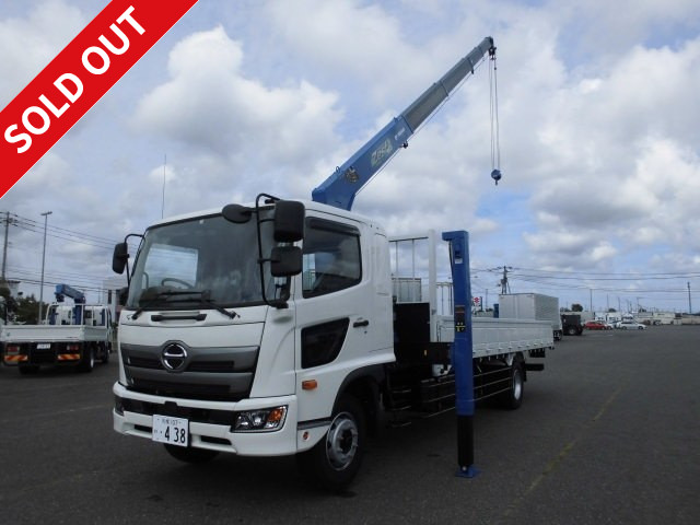 2019 Hino Ranger, wooden flat body with extra-ton crane and high jack specification, wide, Tadano 5-stage, inner dimensions 6500mm, 240 horsepower