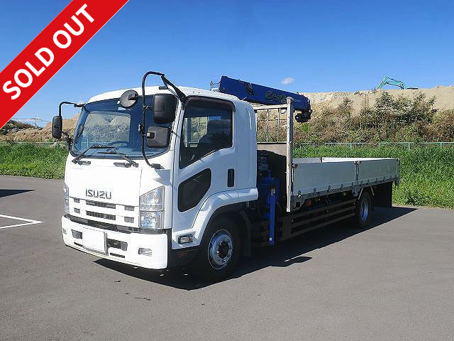 2013 Isuzu Forward, flatbed aluminum block with extra-ton crane, cargo bed length 599cm, 5-way opening, Tadano 3-stage boom, retarder, hook-in, radio control, ★Inspection valid until February 2022★