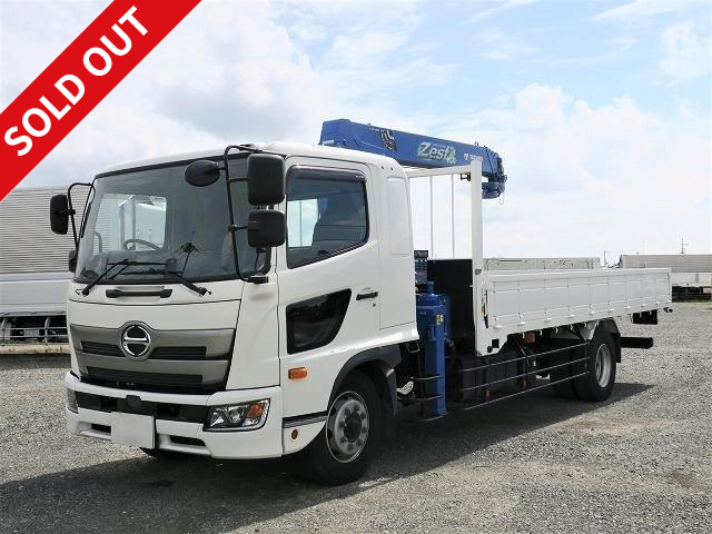 Now on lease! Reiwa 1 model Hino Ranger, extra-large capacity, flatbed with crane, Tadano 4-stage boom, inner dimensions 5500mm wide, 240 horsepower, 2.93t lifting capacity, hook-in and radio control, dealer inspection record book included