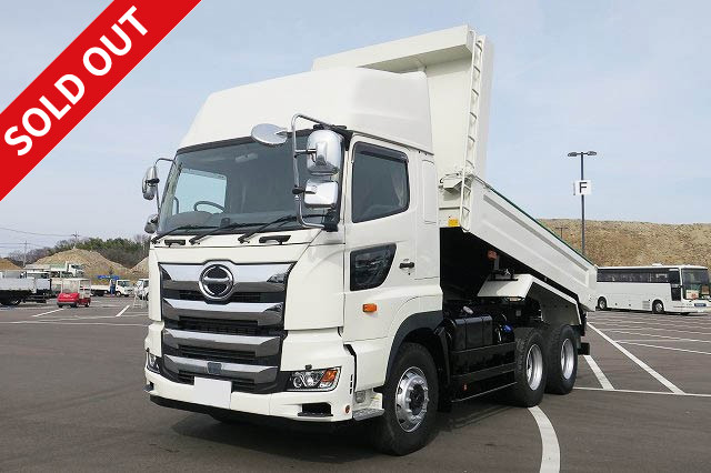 Lease up now! 2018 model Hino Profia large dump truck with L-gate (F-gate) Kyokuto Kaihatsu 5100 body, electric cobo lane, high roof, dealer inspection record book included