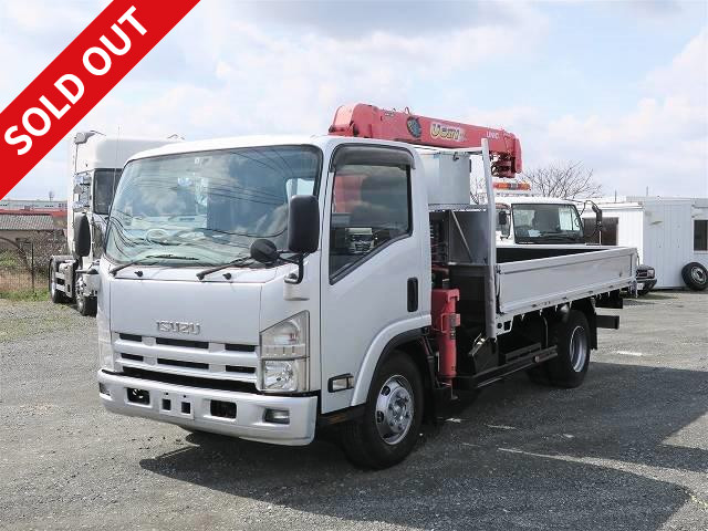 2008 Isuzu Elf Flatbed with small crane, Furukawa Unic 4-stage boom, 2.9t lifting, hook-in, radio control, wide and long, 3.4t load capacity, iron plate floor 